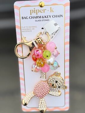 Tiktok Viral piper k rhinestone pink teddy bear balloons bag charm keychain
